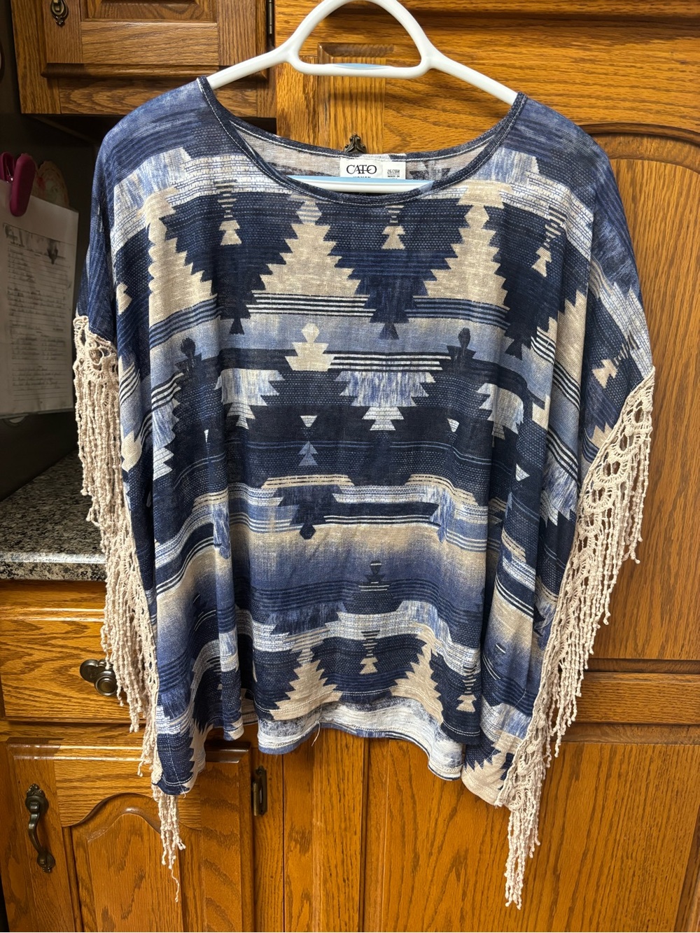 Cato Navy and Cream Aztec Fringe Sleeve Tunic Top